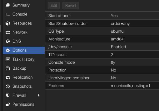 Opciones del Contenedor Proxmox